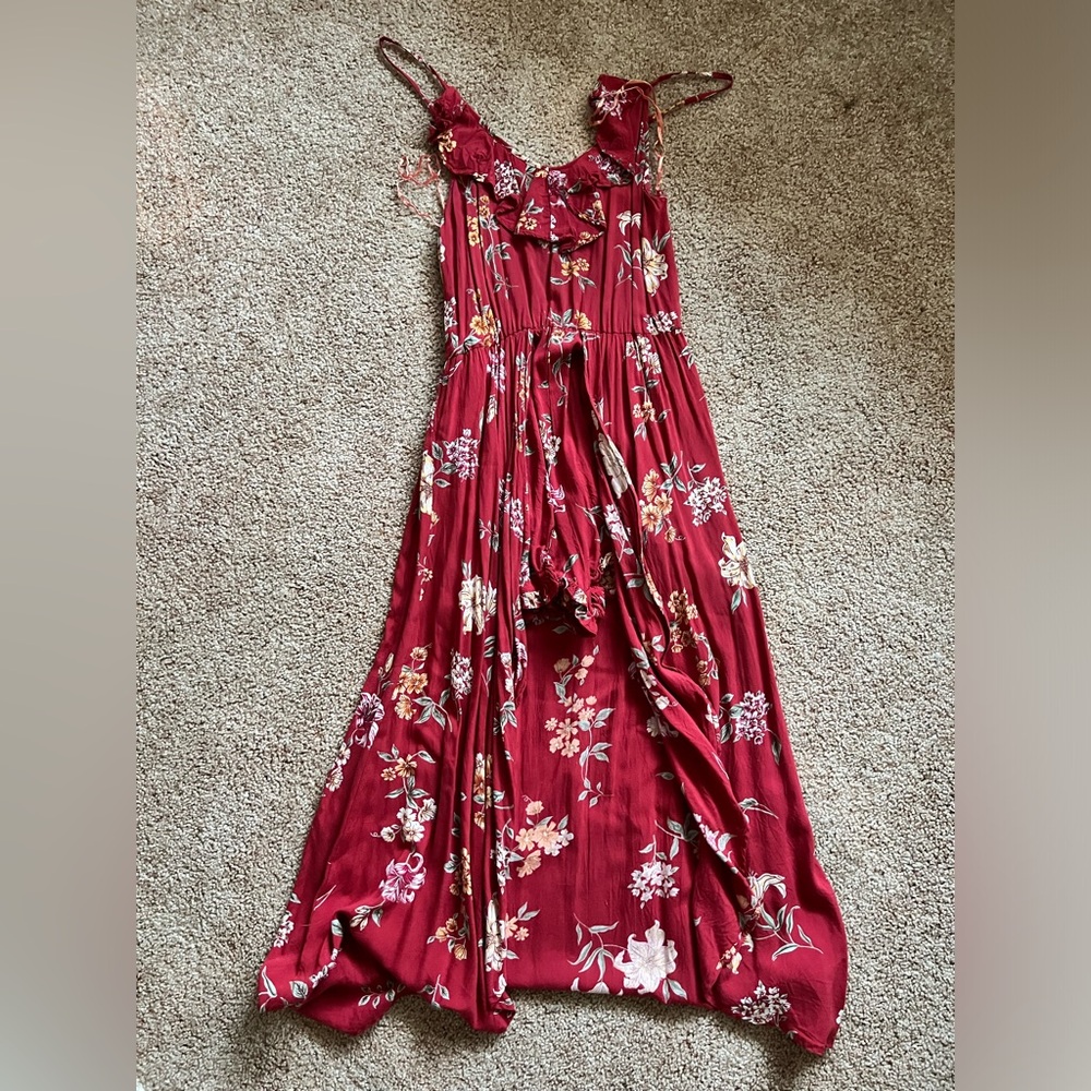 Red floral romper with cape skirt